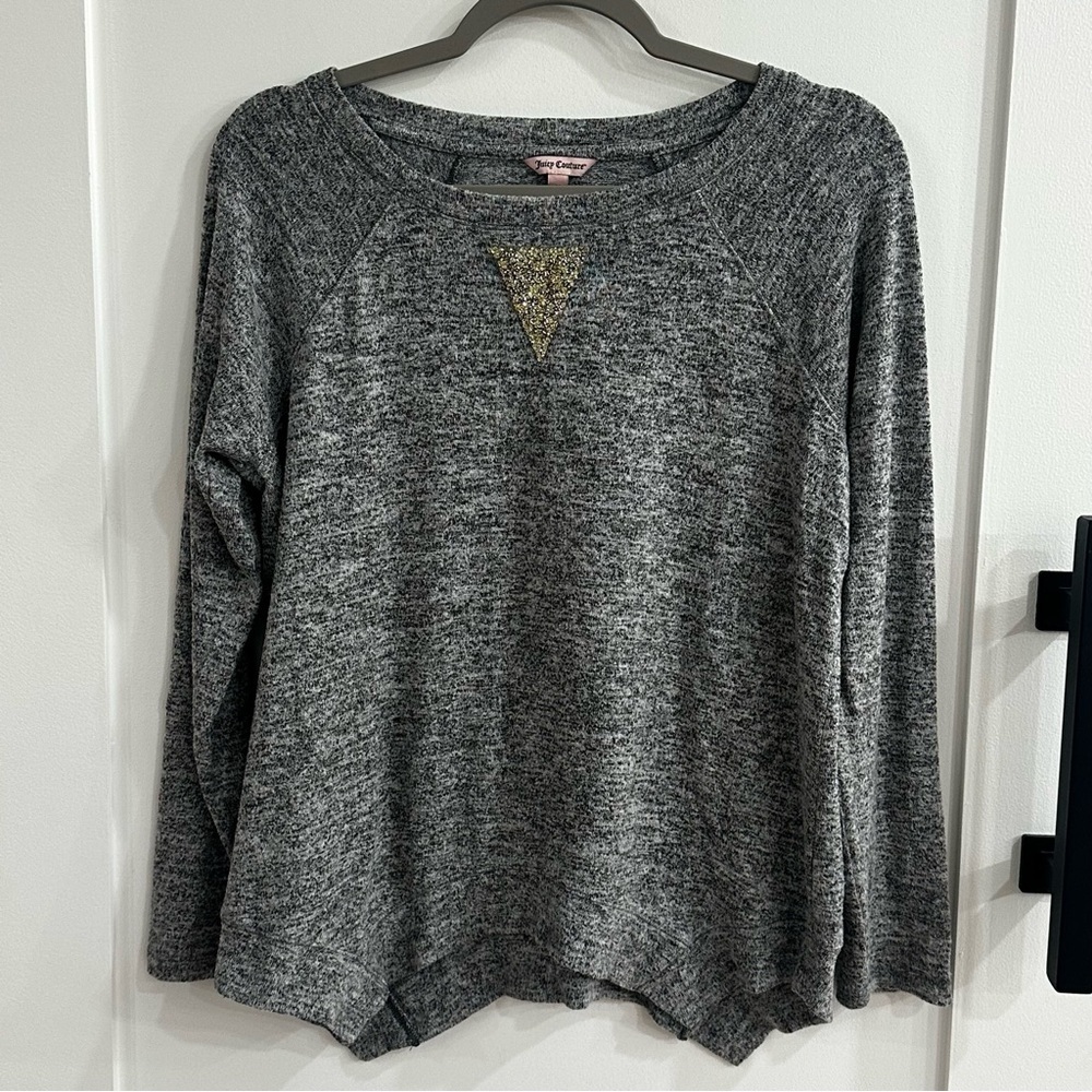 Juicy Couture Gray Space Dye Raglan Pullover Sweater with Crystal Inlay - Size M